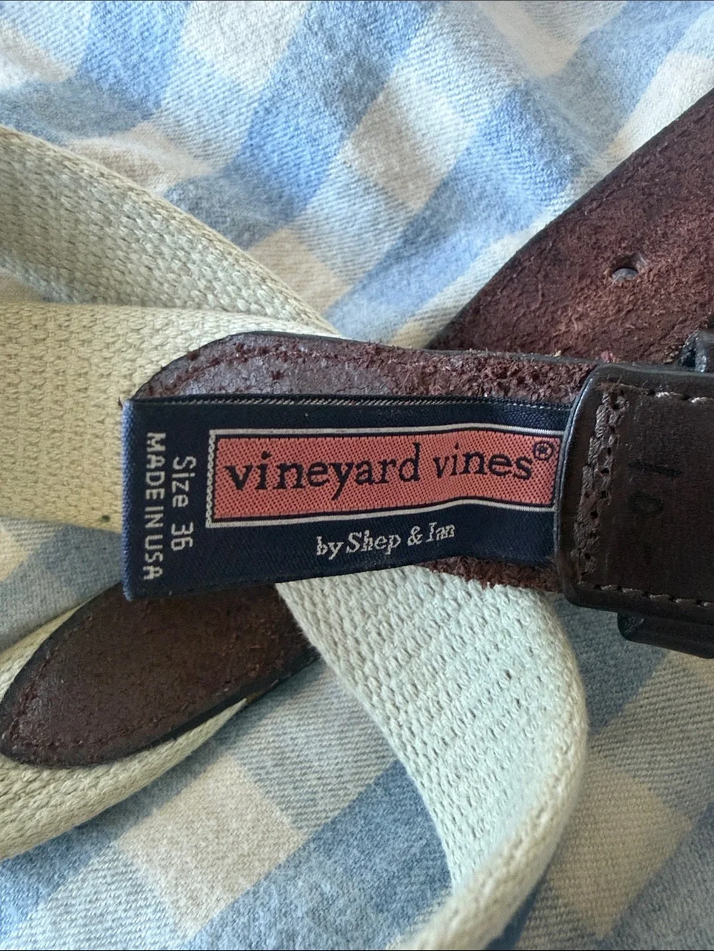 Vineyard Vines Navy and Beige Canvas Belt with Brown Leather Trim. Made in USA.